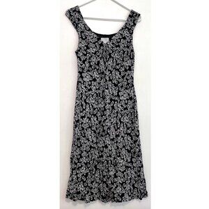 ANN TAYLOR LOFT Black White Rose Floral Print V-Neck Sleeveless Midi Shift Dress